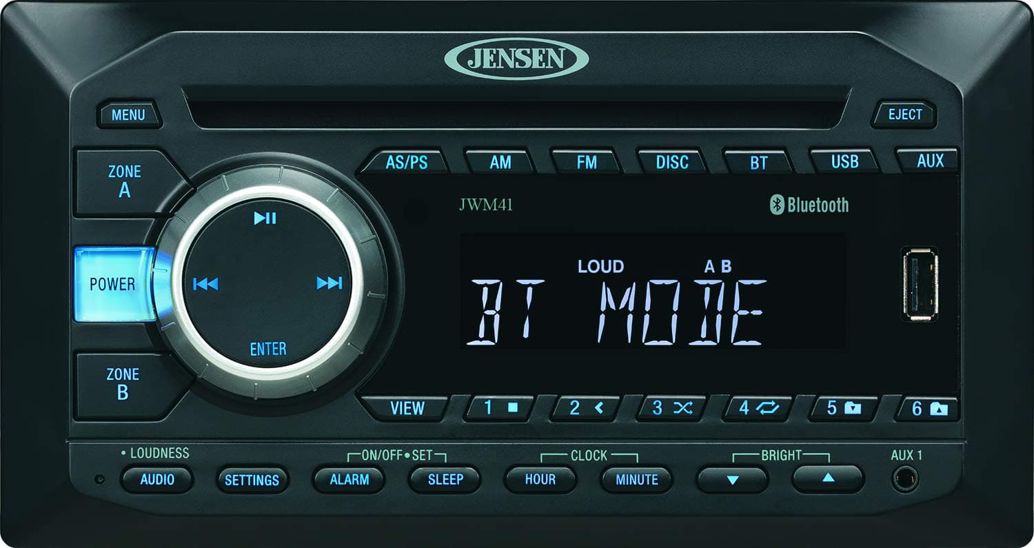 Jensen JWM41 2-Speaker Zones AM/FM|DVD|CD|USB|AUX| Bluetooth Wallmount Stereo, Speaker Output 4X 6 Watt, Plays: CD, CD-R, CD-RW, DVD, DVD+RW, DVD-RW, DVD-Video, MPEG-4, VCD, JPEG, CD-DA, MP3, WMA