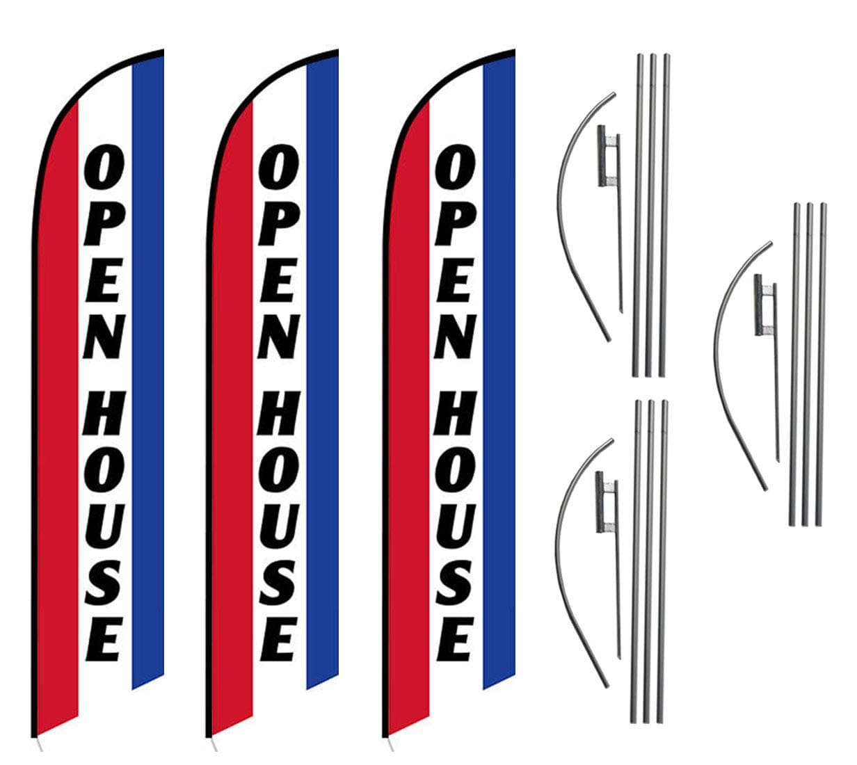 Three (3) Pack Swooper Flags & Pole Kits Open House Red White Blue Vertical