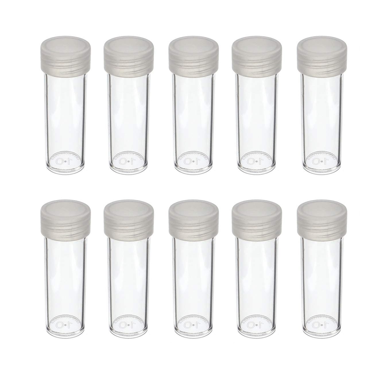 STORAGE TUBES, round clear plastic w/ screw on tops for DIMES (Quantity of 10 tubes)