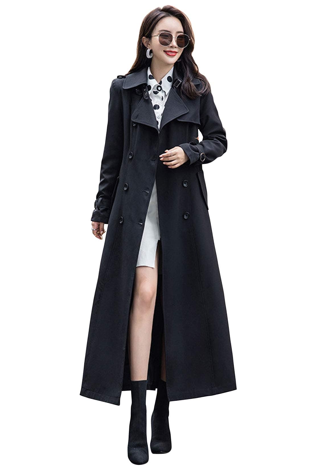 Women's Double Breasted Duster Trench Coat Slim Full Length Maxi Long Overcoat (Small, Black)