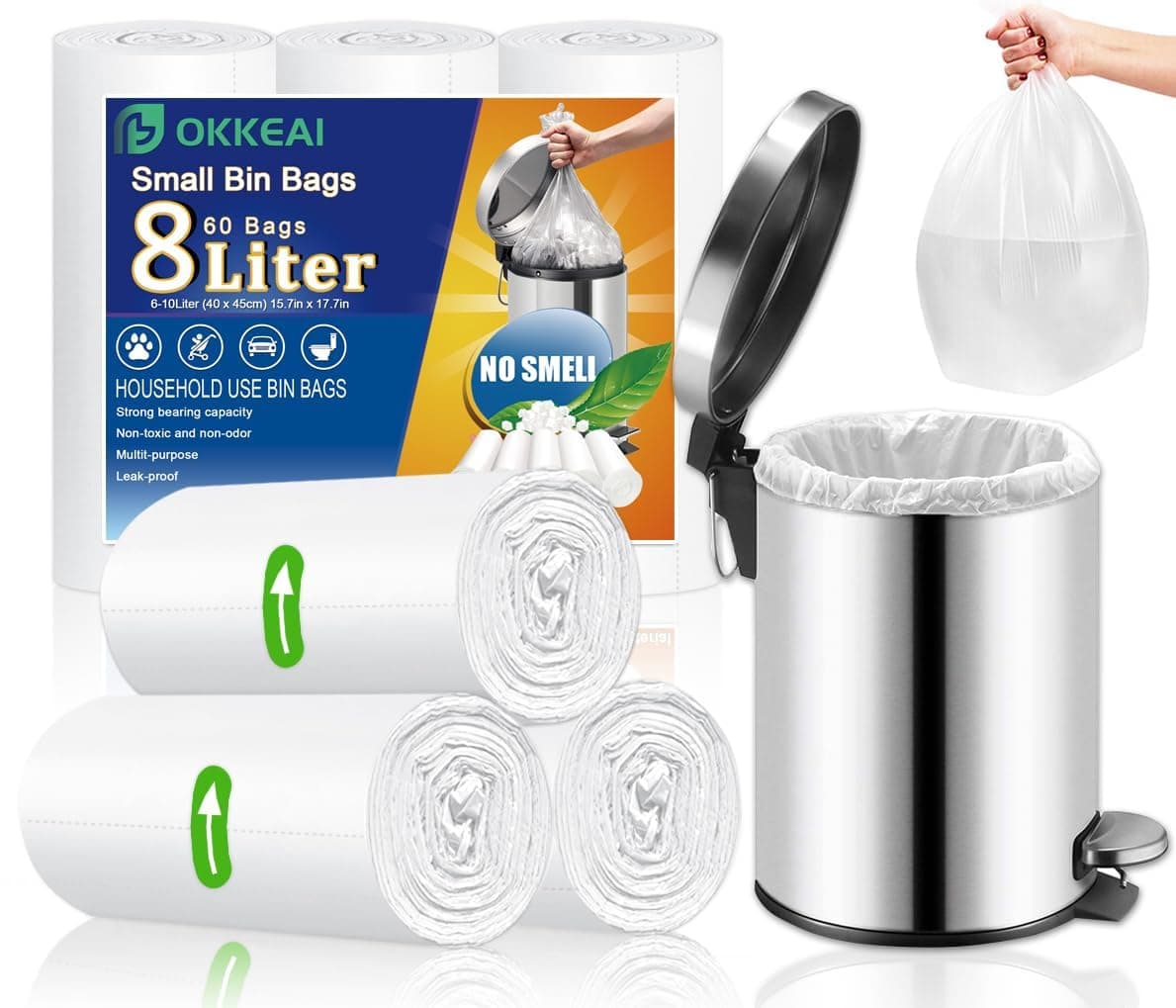 OKKEAI Small Pedal Bin Liners Bathroom Bin Bags White Garbage Bag 8l Rubbish Bag Plastic Clear Trash Bags for Toilet,Office Fit 6L,7L,8L,9L,10L