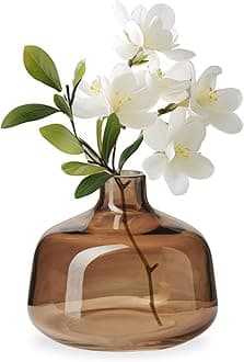 Torre & Tagus Belle Mouth Blown Art Glass Vase for Flowers - 4" Tall Clear Light Brown Colorful Vase, Handmade Small Brown Vase for Home Decor, Brown Bud Vase as Decorative Shelf Decor or Wedding