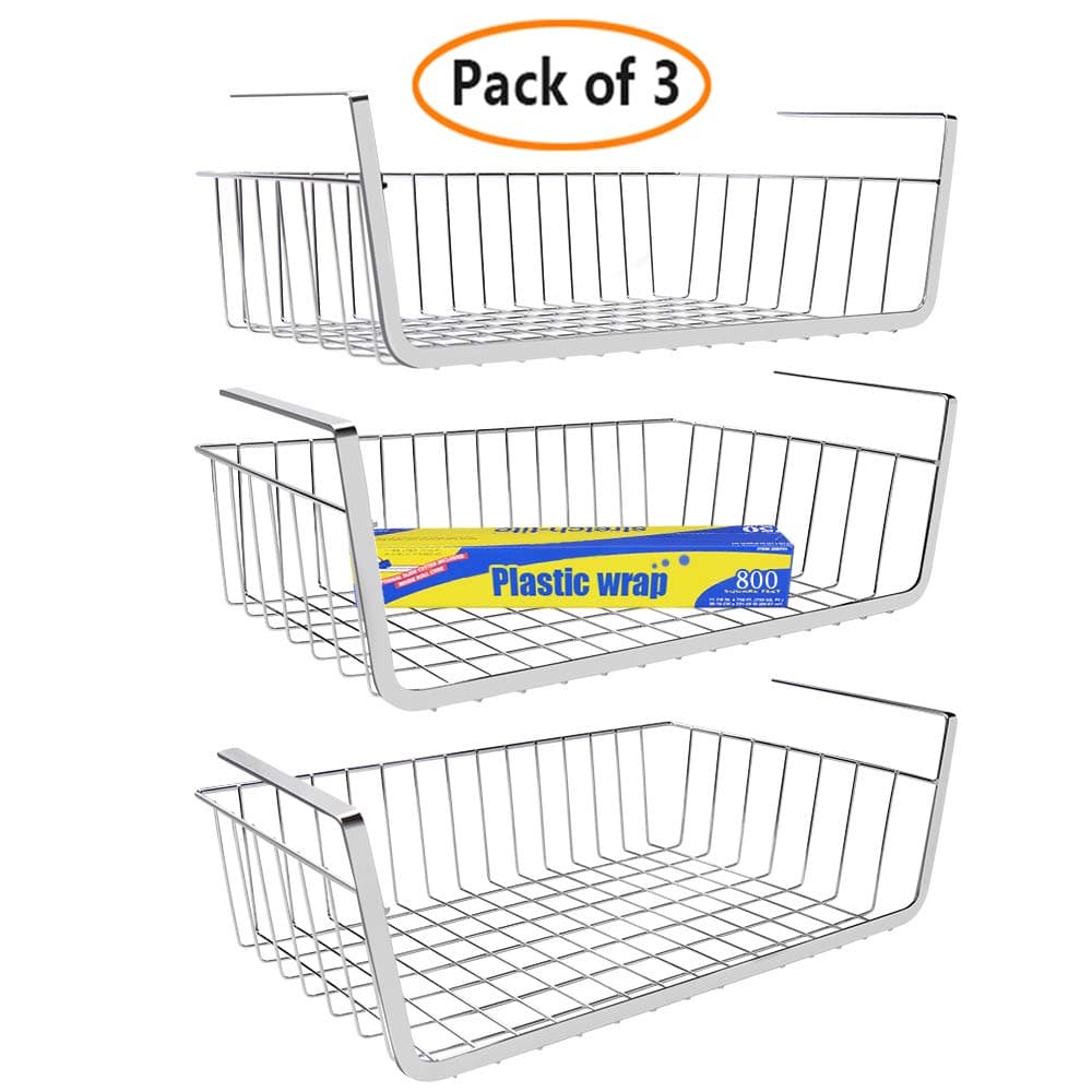 Mebbay 3 Pack 16.4" Under Shelf Basket, Under Cabinet Wire Shelves for Cabinet Thickness Max 1.45", Hanging Shelf Basket on Kitchen Pantry Desk Bookshelf, Silver, Large Size