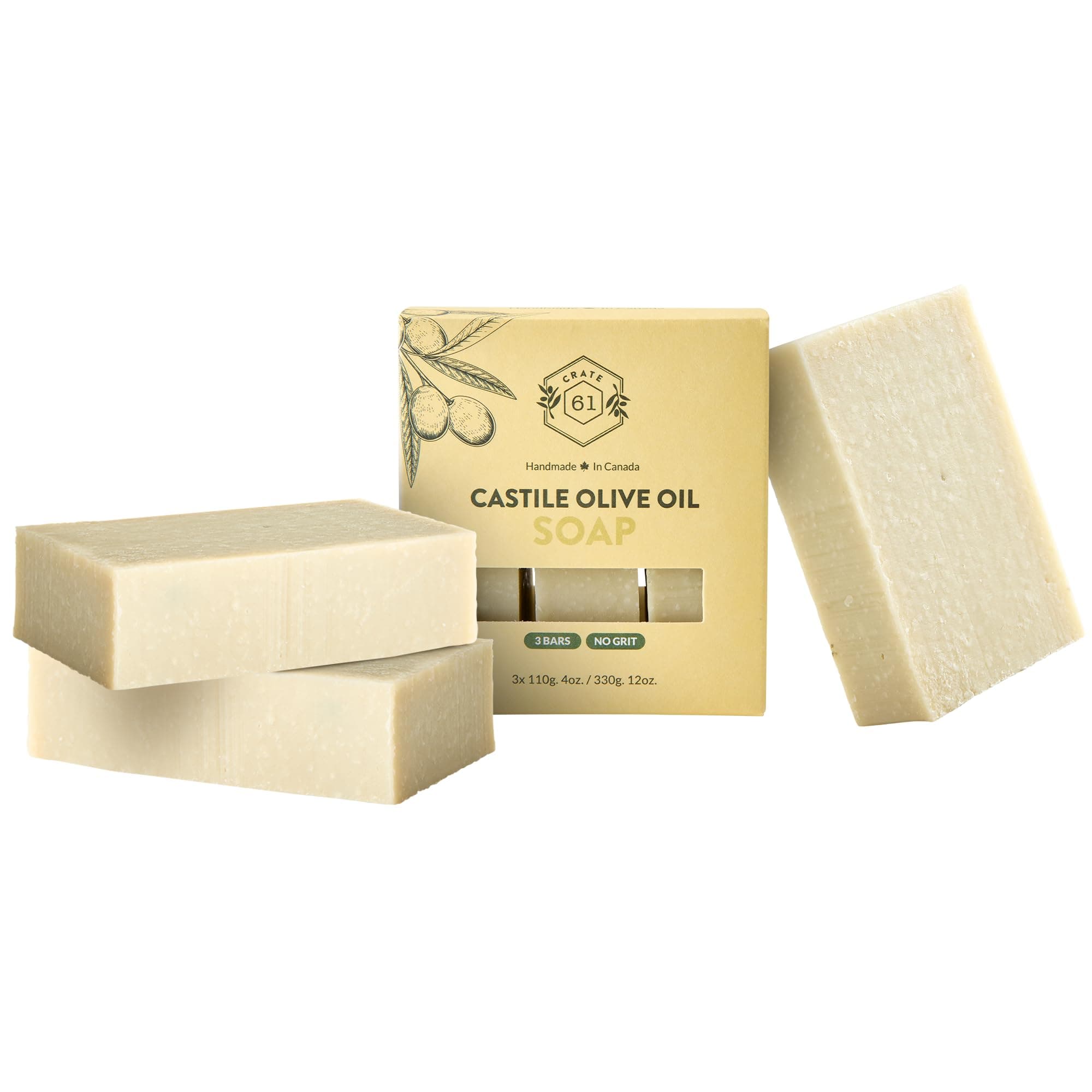 Crate 61 Organics 61, Handmade in Canada, Plant Based Cold Process Natural Bar Soap For Face And Body, With Premium Essential Oils, For Men And Women 3 Pack (Castile (Unscented))