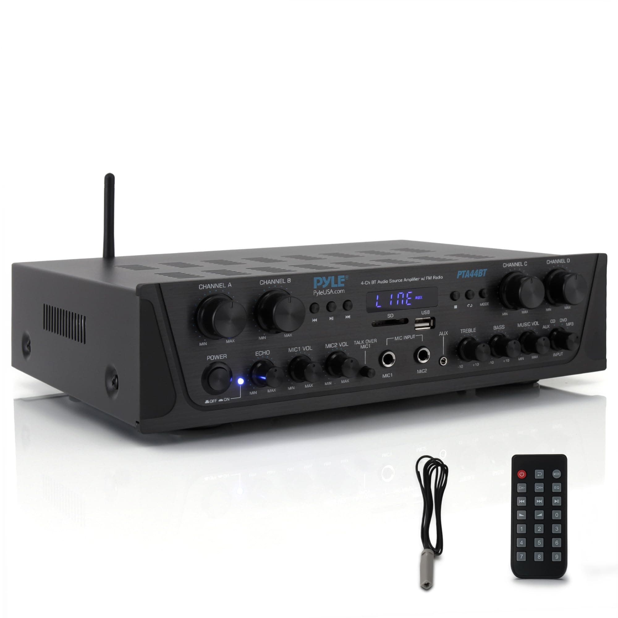 500W Karaoke Wireless Bluetooth Amplifier - 4 Channel Stereo Audio Home Theater Speaker Sound Power Receiver w/ AUX IN, FM, RCA Subwoofer Speakers OUT, USB, Microphone IN w/ Echo - Pyle PTA44BT