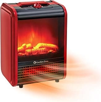 Comfort Zone CZFP1 Portable Fireplace Heater, Realistic 3D Flame Effect, Fan-Forced Heating Element, 2 Settings, Fan-Only Function - Red