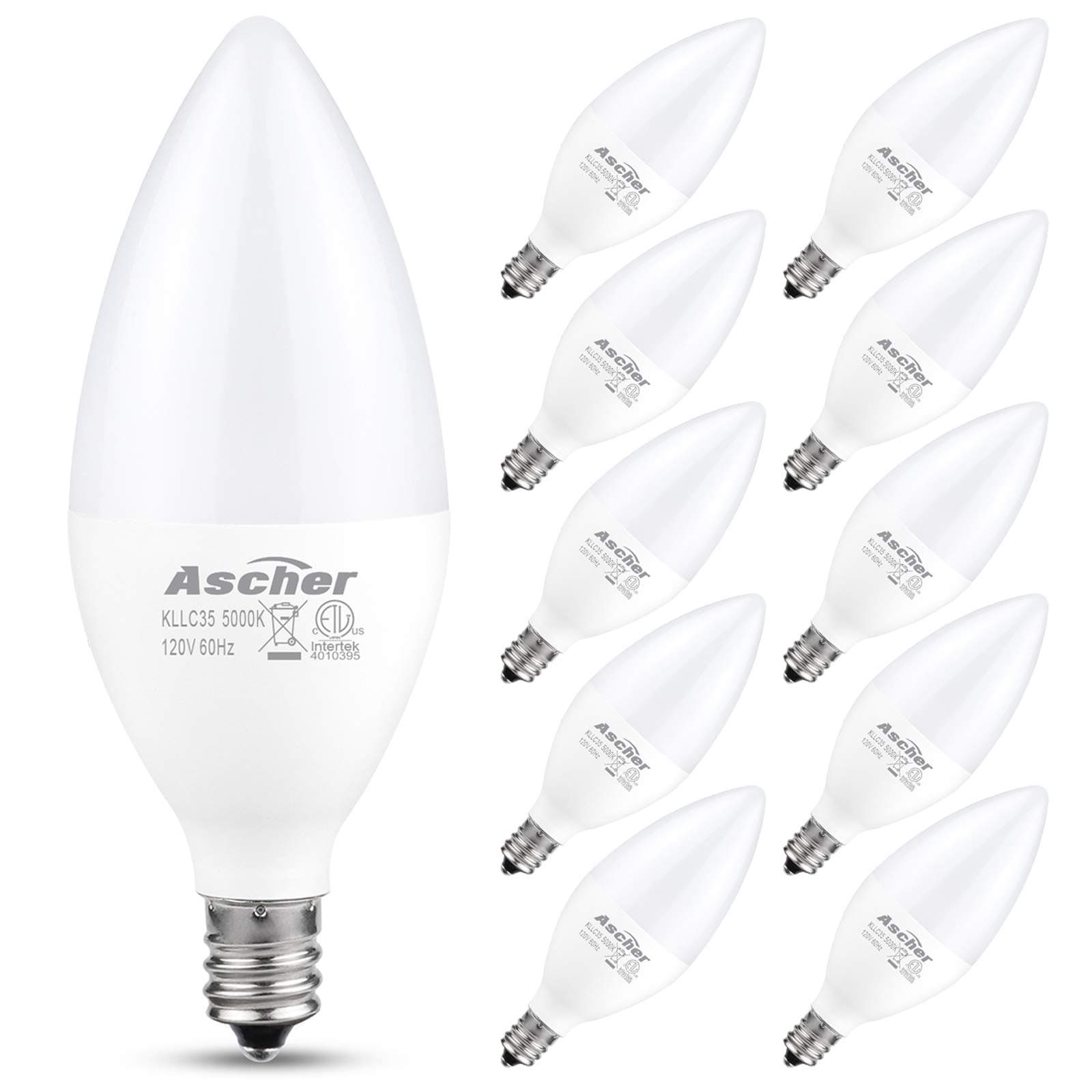Ascher E12 LED Candelabra Light Bulbs, Equivalent 60W, 550 Lumens, Daylight White 5000K, Candelabra Base, Non-dimmable, Chandelier Bulb, Pack of 10
