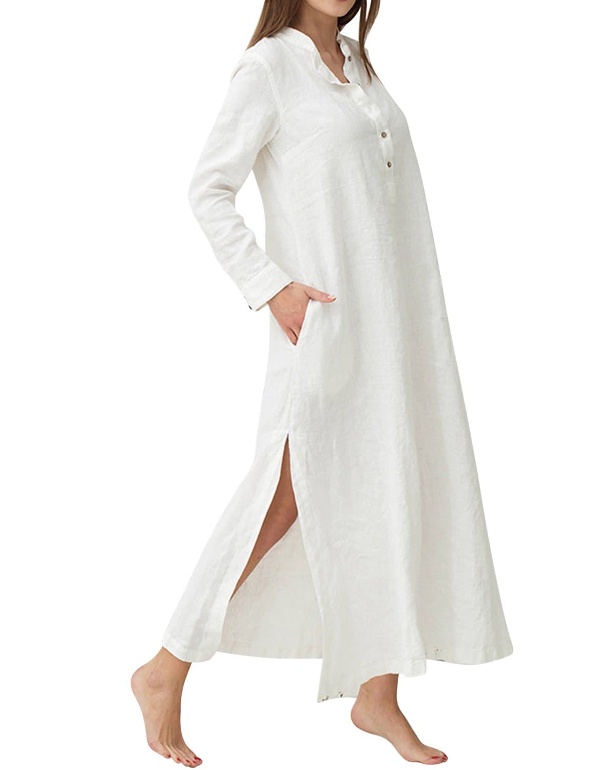 LVCBL Women Plus Size Button Up Front Soft Linen&Cotton Loose Maxi Dress White M