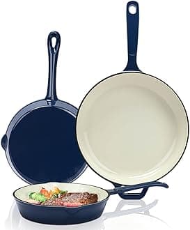Hisencn Enameled Cast Iron Skillet Set - 3 Piece Ceramic Coated Fry Pan Set(8'',9.5'' 11''), PFAS/PTFE/PFOA Free, Oven & Induction Safe, Navy Blue Cookware for Gas/Electric Stovetop