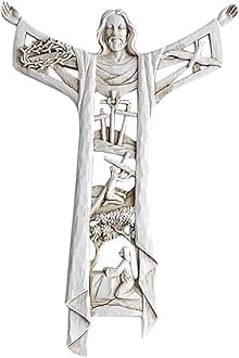 Crucifix Wall Cross Jesus Statues,Handmade Hollow Out Catholic Prayer Cross Christian 1st Holy Communion Christening Gifts Home Wall Decor Gifts for Women, White, 8.26 * 5.51 * 0.59