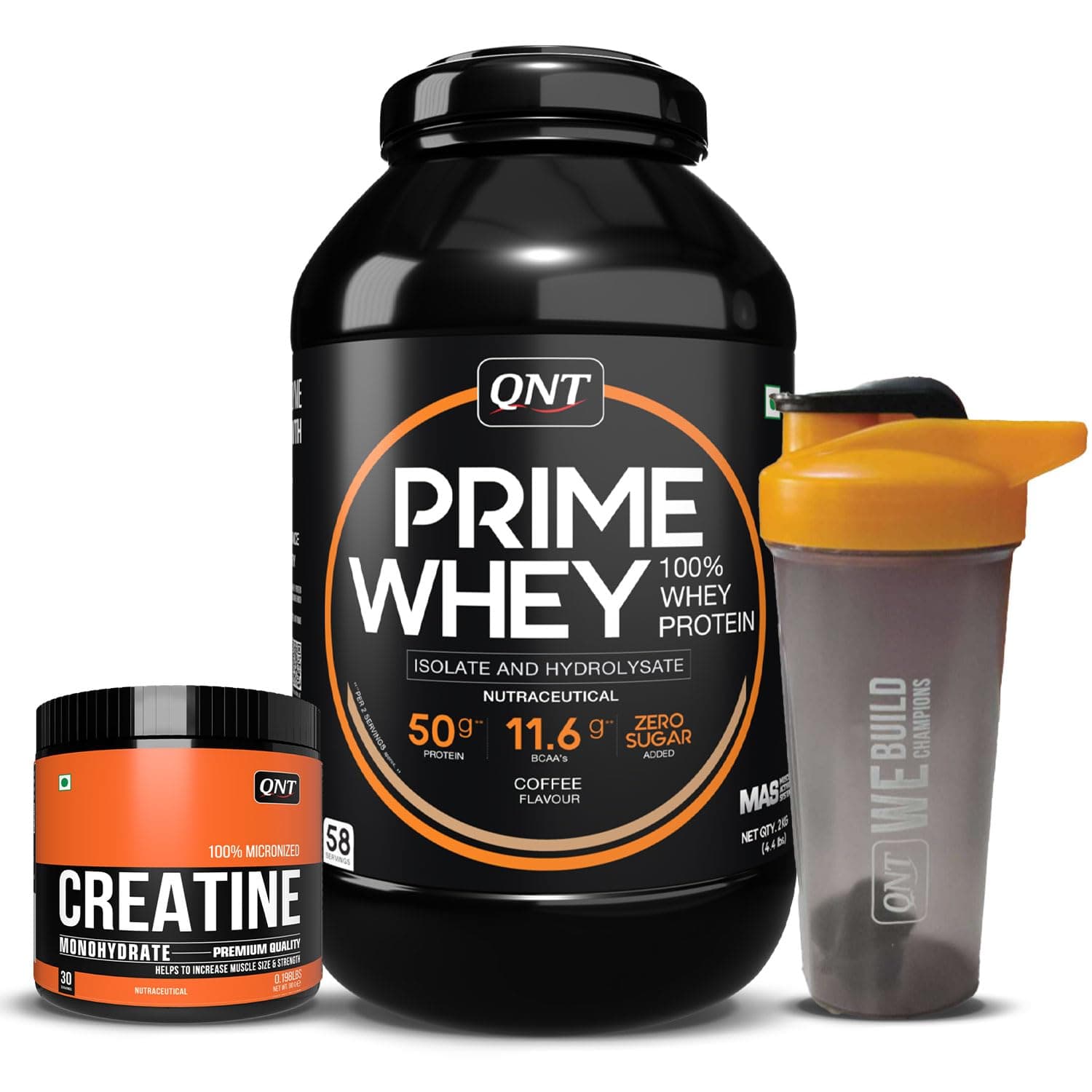 QNT Prime Whey 2 Kg Coffee with Creatine 90 G & Shaker | High-Protein Muscle Building Combo | Strength, Recovery & Performance Boost