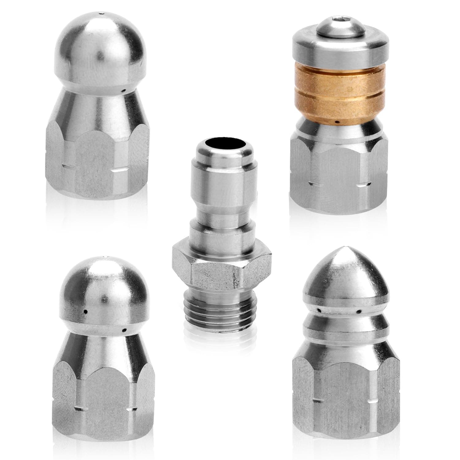4pcs Sewer Jetter Nozzles with 1/4" NPT Quick Connector and Pipe Sealant Tape, Stainless Steel Drain Cleaner Nozzle for Pressure Washer Drain Jetting Hose, Spray Nozzle Tips Kit, 5000 PSI