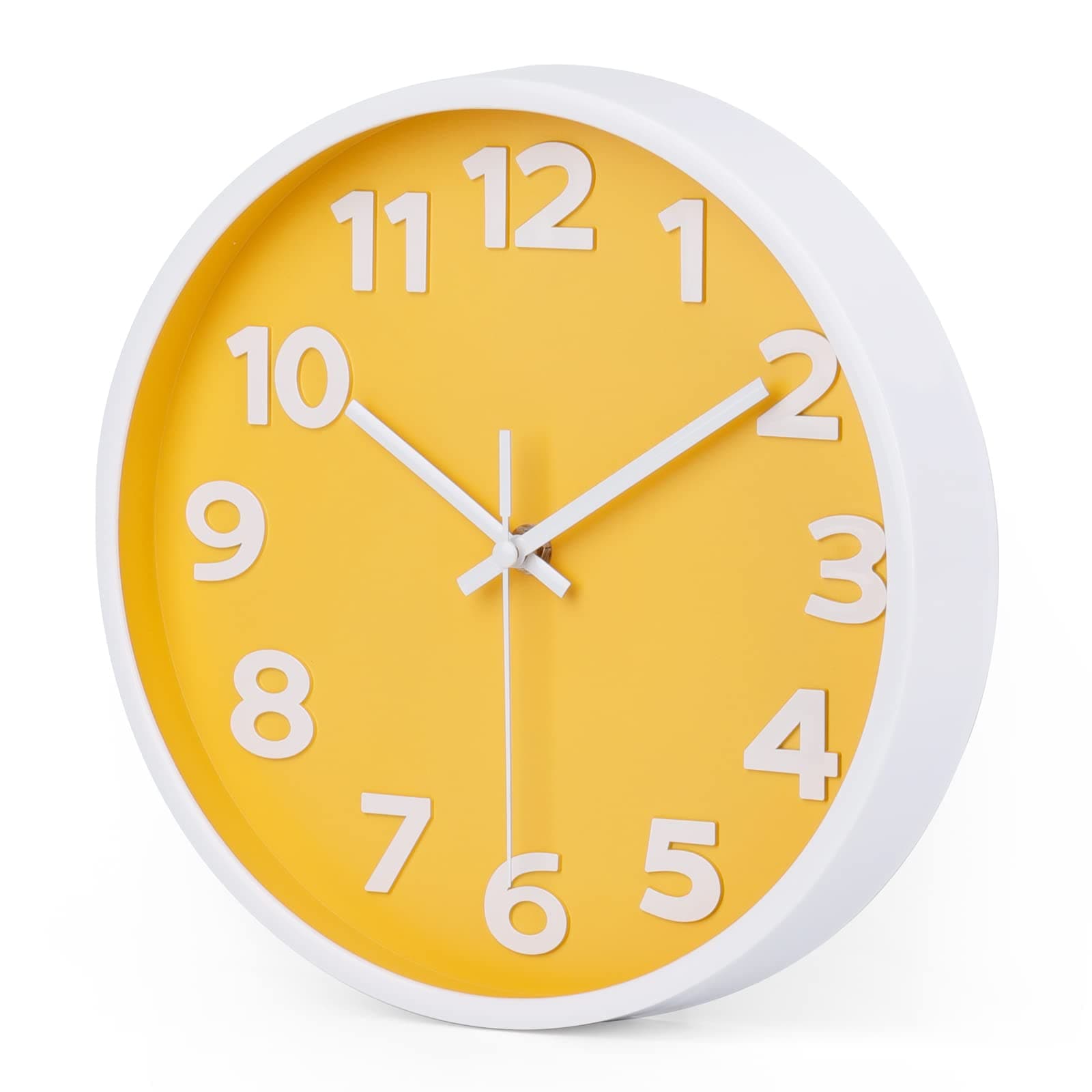 10 Inch Yellow Wall Clock with Big Numbers - Battery Operated Silent Modern Simple Decor Easy to Read for Kitchen, Bedroom, Living Room, Office, School