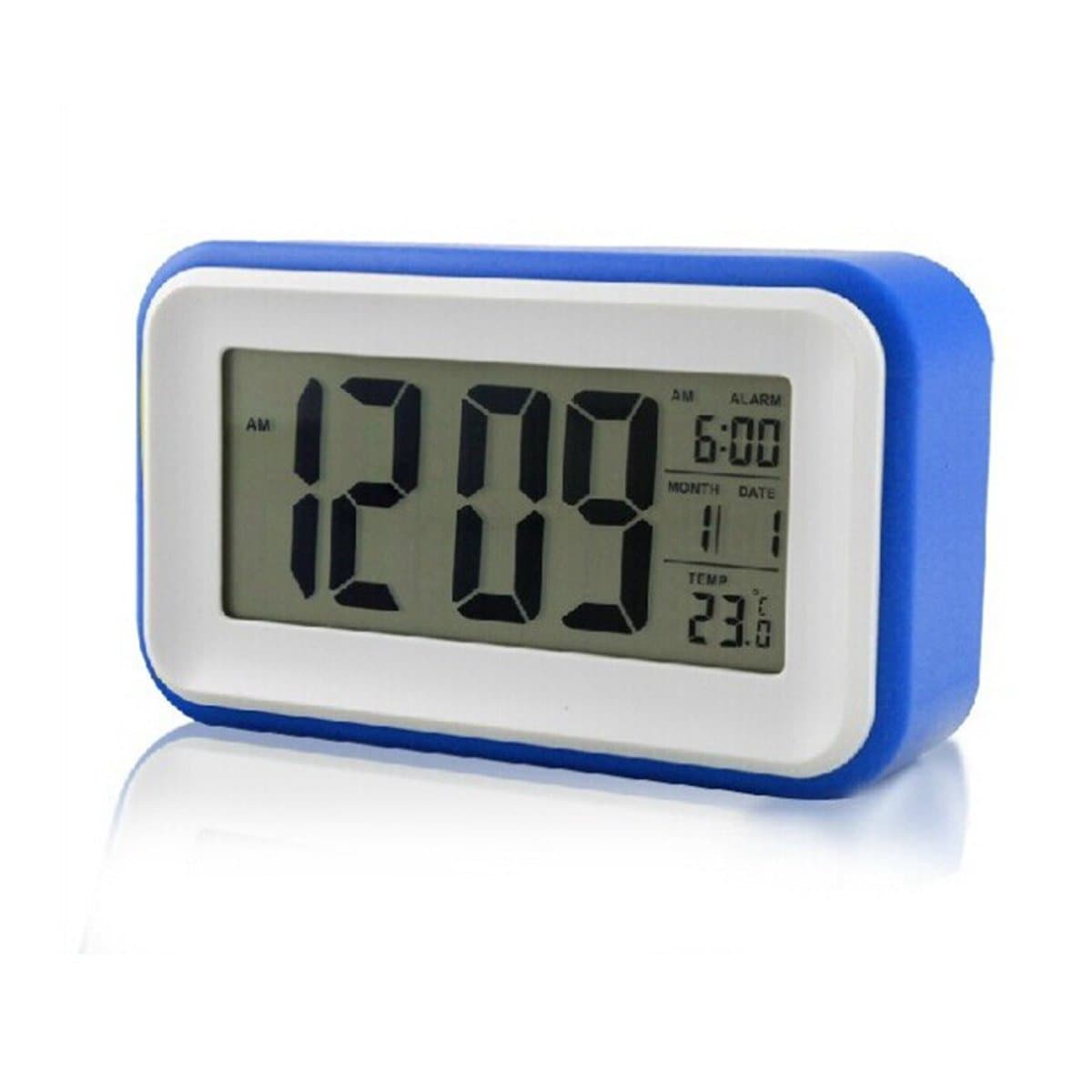 Gurgle Smart Digital 6" LED Alarm Clock Calendar Thermometer , Repeating Snooze, Light-activated Sensor Light and Touch-activated Nightlight- Batteries(2GEN Clock: alarm for daily/weekdays.Blue)