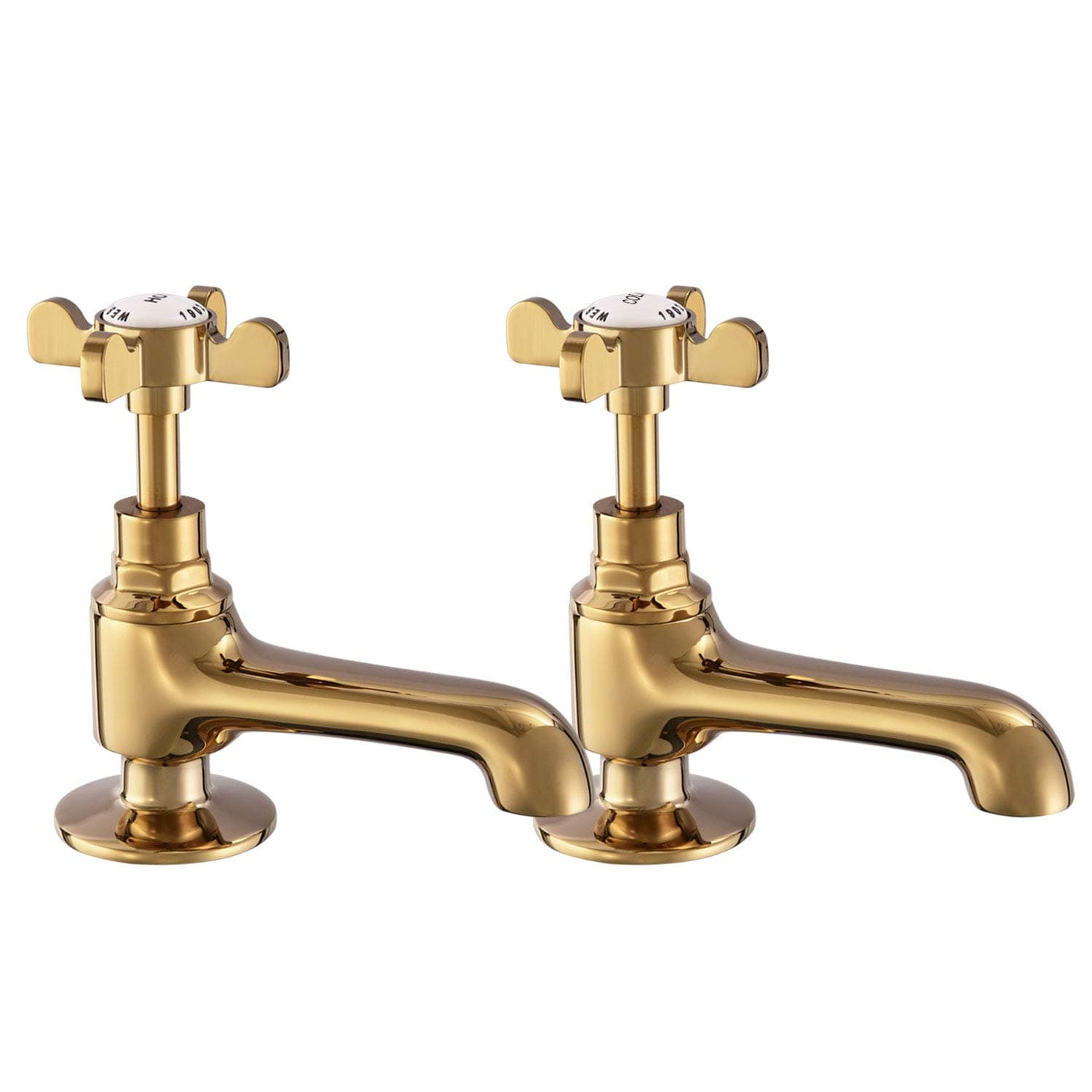 Peppermint Polished Gold Basin Pillar Taps Pair Two Bathroom Sink Tap Hot and Cold Taps Cross Lever Twin Bathroom Faucet Victorian Traditional Faucet Vintage Victorian 2 Holes
