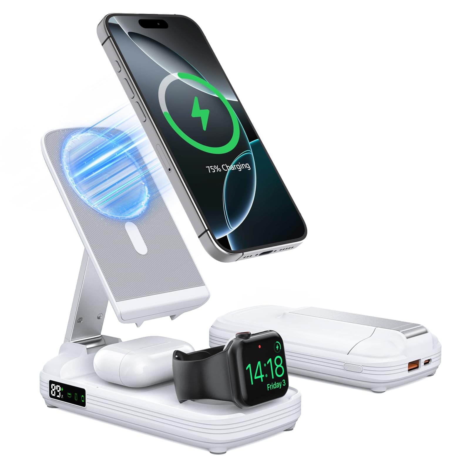 5 in 1 Wireless Charger,Wireless Charging Station 10000mAh Power Bank,Portable Charger with LED Display,20W Magnetic Fast Charging Stand for iPhone 17/16/15/14/13/12 Pro Max & AirPods & Apple Watch