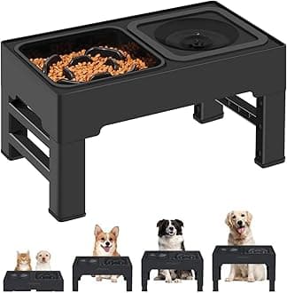 2-in-1 Elevated Slow Feeder Dog Bowls with No Spill Dog Water Bowl 4 Height Adjustable Raised Dog Bowl Non-Slip Dog Food and Water Bowls with Stand for Small Medium Large Dogs, Cats and Pets