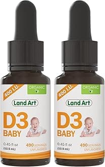 Land Art - Certified Organic Vitamin D3 Drops Baby – 400 IU per Drop – 490 Servings – Supports Bone & Teeth Development – Vitamin D Drops for Infants & Toddlers – GMO-Free - Gluten-Free – 2x0.45 fl ozUSDA Organic