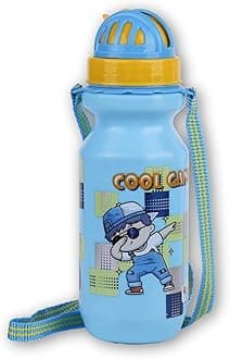 Panchhi Store Water Bottle for School Kids 650ml Plastic Water Bottle for Kids Boys & Girls with Straw Leakproof Bottle for School Picnic Cartoon Print - Blue