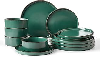 Famiware Nebula Ridge Stoneware Dinnerware Sets, Plates and Bowls Sets for 4, 12 Pieces Dishes Set, Microwave and Dishwasher Safe Kitchen Plates, Dark Green