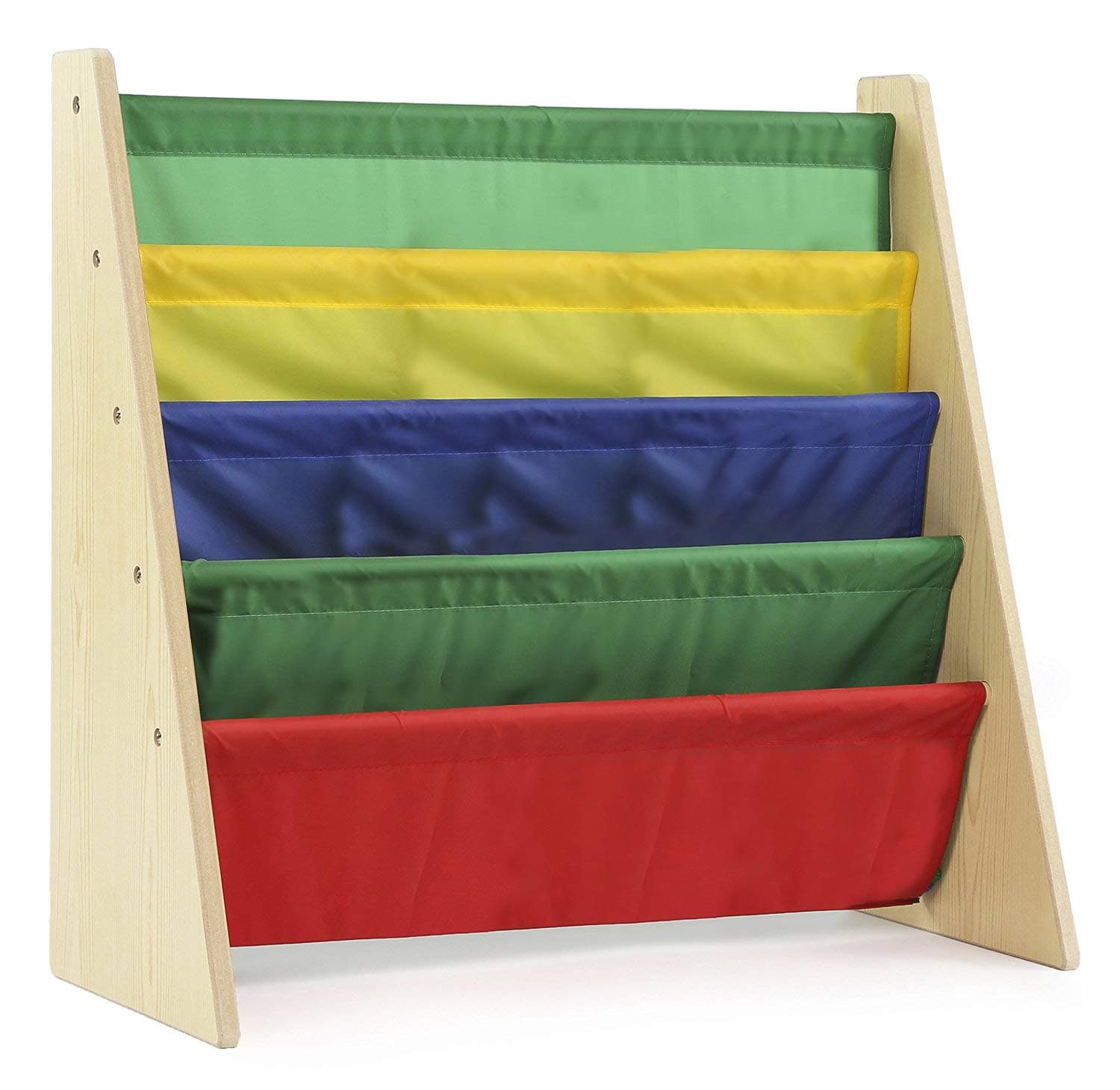 Class Kids' Book Organizer with Primary: Natural finish with bright primary bookshelves, 5 Deep Fabric Sling Sleeves, Perfect Fit for Toddlers, Easy to Assemble, Great Storage, CL16JWTR-1013