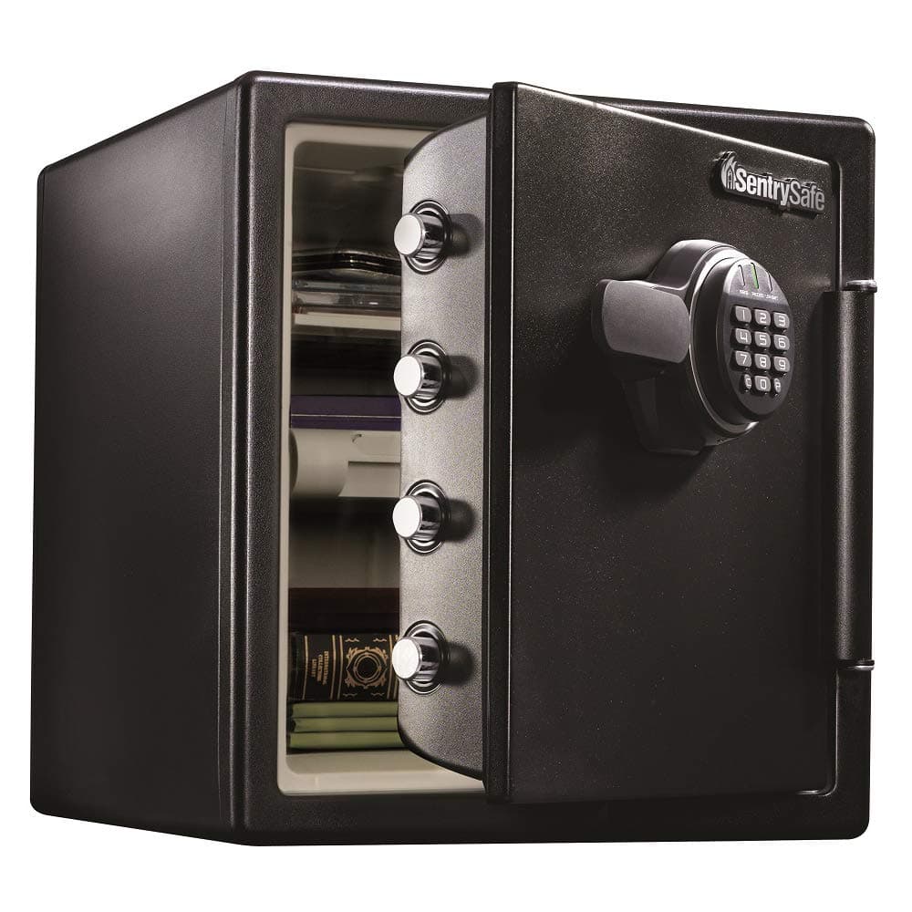 SentrySafe Fireproof and Waterproof Black Steel Home Safe with Digital Keypad Lock and Organization Trays for Money, Documents, 1.23 Cubic Feet, SFW123EU