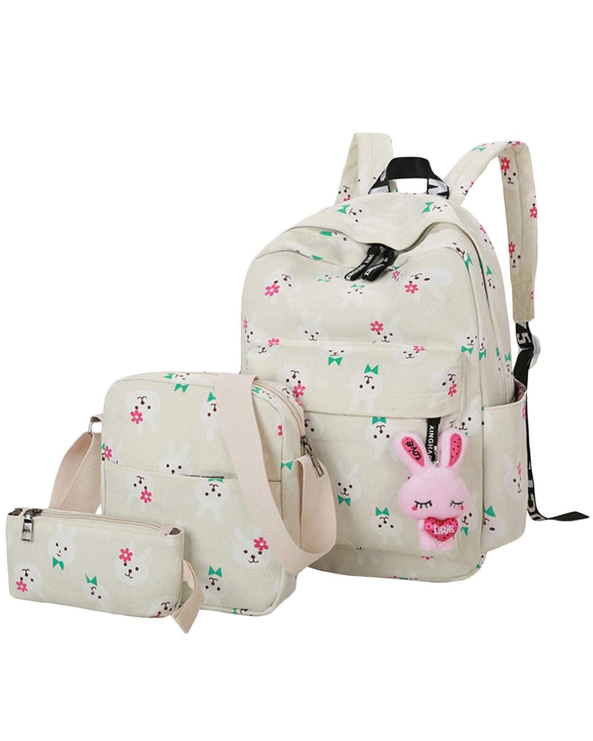 ABage Girls' Canvas Backpack Set 3 Pieces Patterned Bookbag Laptop School Backpack, Beige2