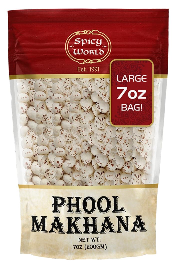 Spicy World Phool Makhana (Fox Nut/Popped Lotus Root Seed/Popped Water Lily Seeds) 200g (7oz) ~ Plain Raw Uncooked | ~ All Natural | Vegan | No Colors | Indian