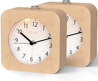 Alarm Clock Analogue Without Ticking, Pack of 2, Wooden Alarm Clock with Snooze, Bedside Table Clock with Night Light, Not Included, Natural Wood in Light Brown