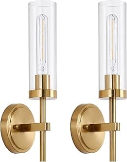 Hardwired Gold Wall Sconces Set of 2, Modern Bathroom Sconces Wall Lighting Vanity Light Fixtures with Clear Glass, Brushed Brass Wall Decor Lights for Mirror Living Room Bedroom Hallway Stairwell