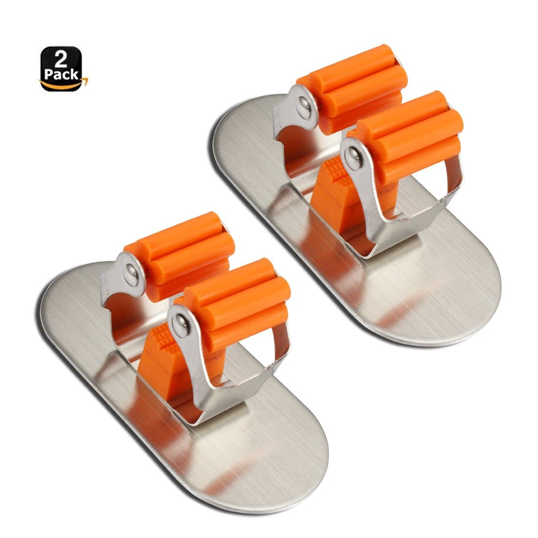 Mop Broom Holder Organizer, 2 Pcs 3M Self Adhesive Wall Mounted Mop Hooks Broom Hanger Holder with Spring Clip Design Bath Mounted Home Tools/Kitchen Organizer Rack(Oval)