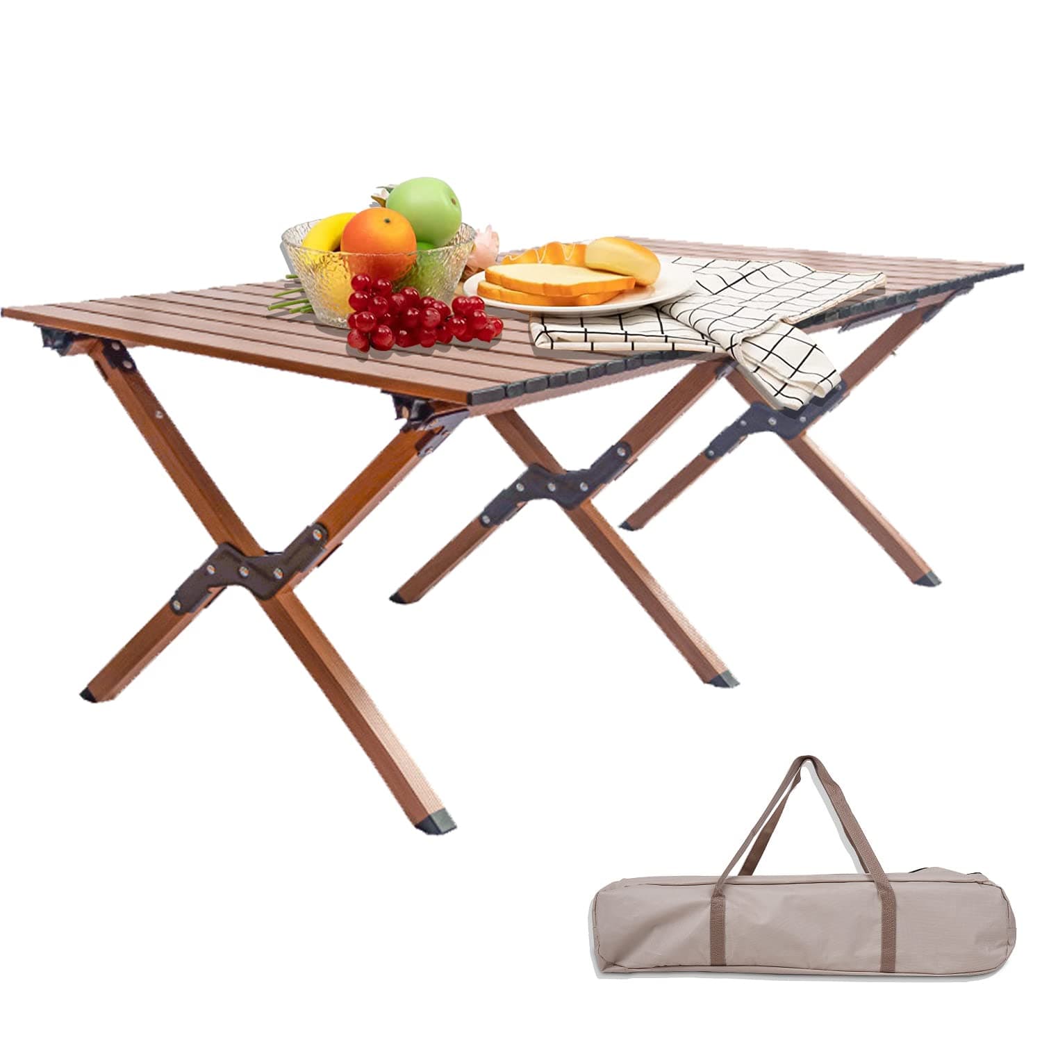 VUCATIN Foldable Camping Table Outdoor, Portable Picnic Table with Carry Bag, 4-6 Person Lightweight Aluminum Roll-up Folding Table for Camping Outdoor Picnic BBQ Backyard Party Beach(Black walnut)