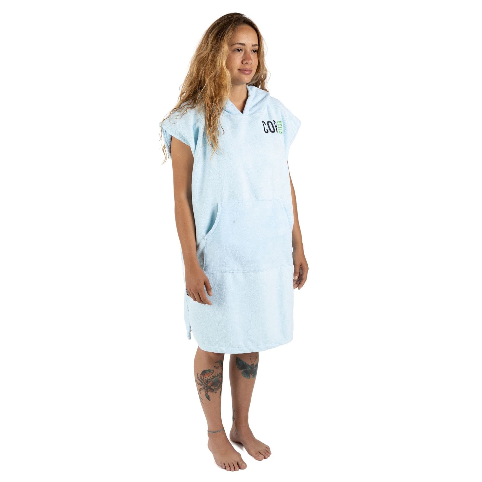 Cor Surf Poncho Changing Towel Robe with Hood and Front Pocket, Made of Quick Dry Microfiber (Light Blue - Medium)