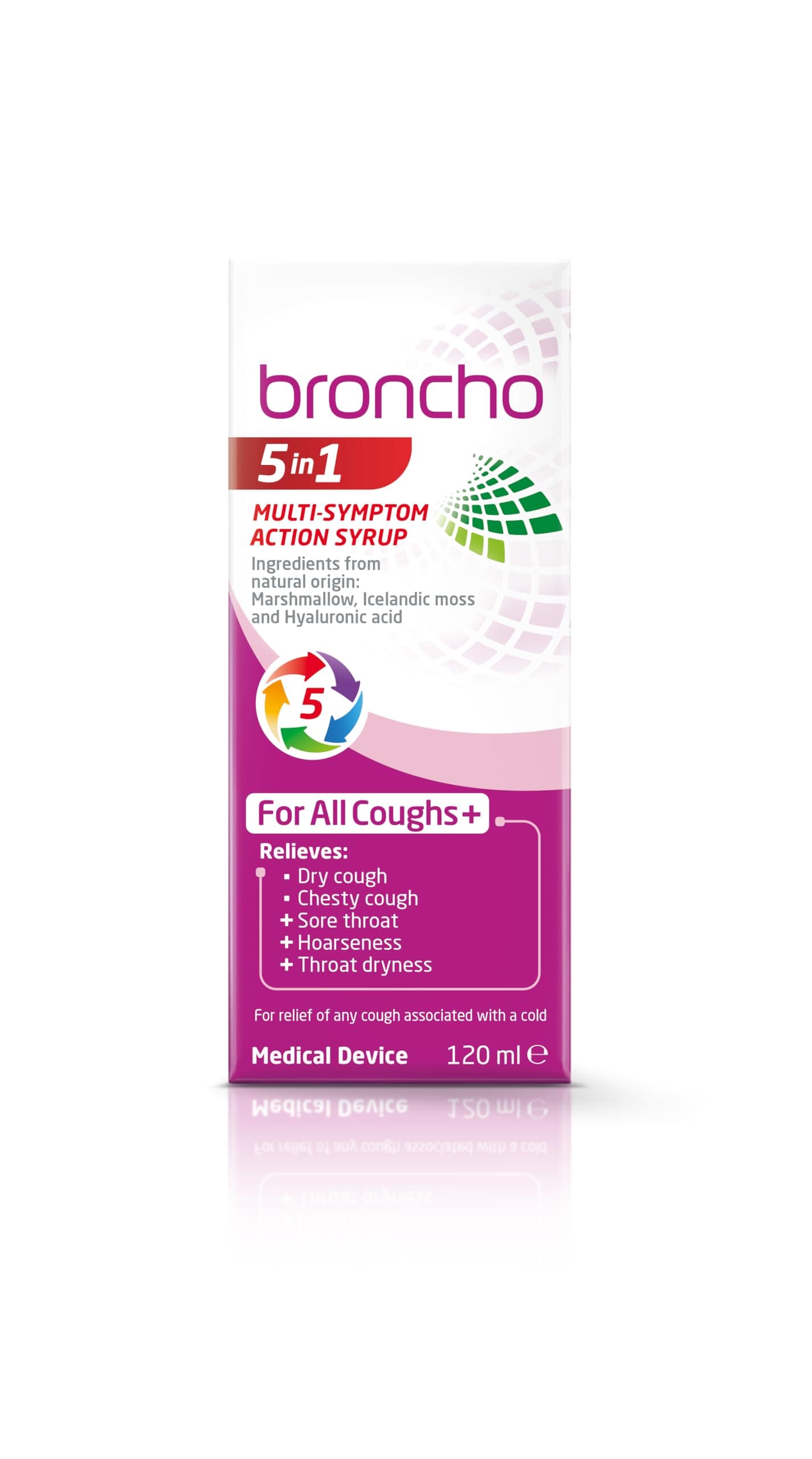 Broncho 5in1 Multi-Symptom Action Syrup (120ml) relieves all coughs and sore throat associated with a cold. Alcohol and sugar free.