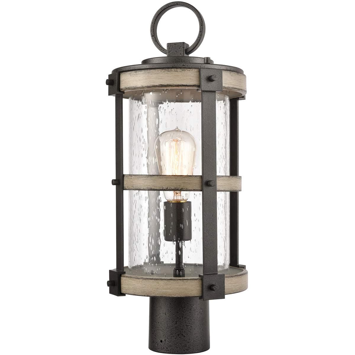 ELK Lighting Crenshaw 1-Light Outdoor Post Mount in Anvil Iron and Distressed Antique Graywood with Seedy Glass