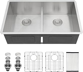 Sarlai 33 Undermount Kitchen Sink Double Bowl - 33x19 Kitchen Sink Low Divide Undermount Stainless Steel 16 Gauge Round Corner Double Bowl 50/50 Sinks Basin