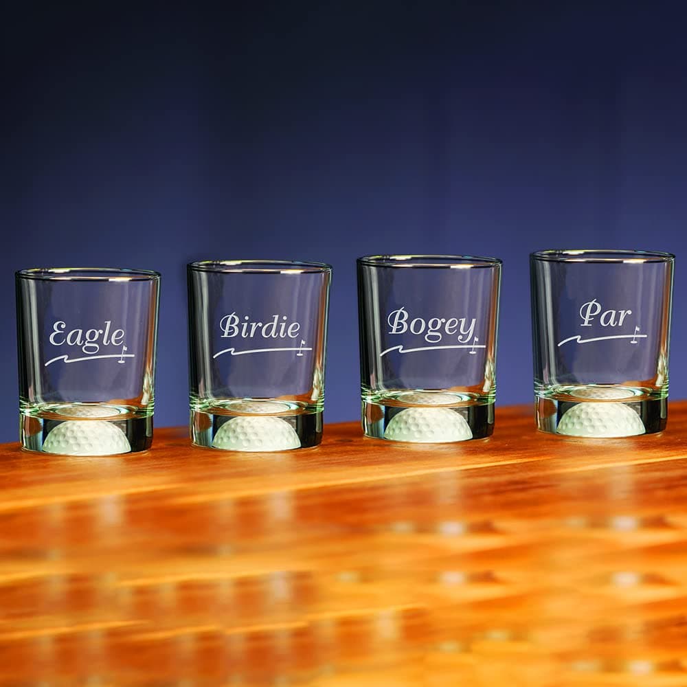 Fore Double Old Fashioned Golf Score Glasses | Set of 4 Glasses | 12.5oz each | Frosted Golf Ball Bottom