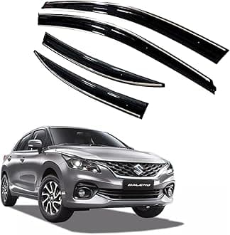 ROYALTECH Premium Chromeline & Silverline Unbreakable Car Rear Window Wind Deflectors & Side Door Visor Rain Guard Compatible with (Maruti Suzuki Baleno (2022 Onwards))