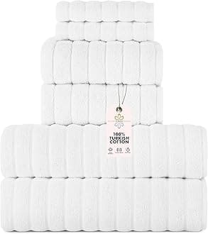 Classic Turkish Towels Luxury 6 Piece Towel Set - 2 Bath Towels, 2 Hand Towels, 2 Washcloths, Jacquard Ribbed, Absorbent, 100% Turkish Cotton (White)