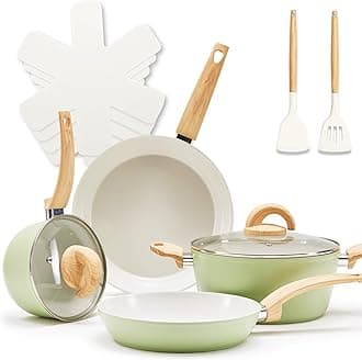 Green Non Stick Pots and Pans Set, Healthy Ceramic Cookware Set, 12pcs Kitchen Cooking Pots and Frying Sauce Saute Pans Set, PFAS-Free with Kitchen Utensils and Lid, Avocado