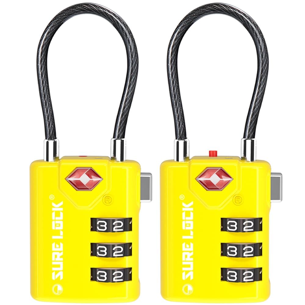 SURE LOCK TSA Compatible Travel Luggage Locks, Inspection Indicator, Easy Read Dials TSA Approved with Zinc Alloy, Yellow, earnest
