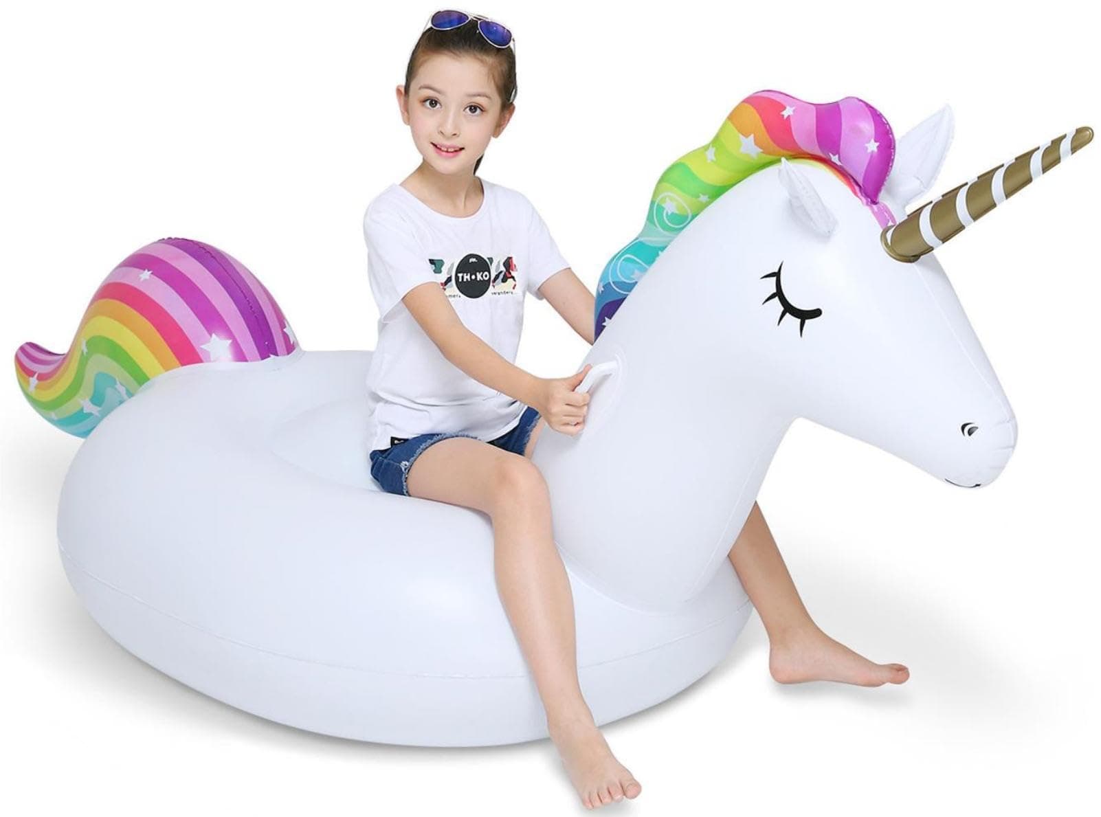 Jasonwell Big Inflatable Unicorn Pool Float Floatie Ride On with Fast Valves Large Rideable Blow Up Summer Beach Swimming Pool Party Lounge Raft Decorations Toys for Kids Adults