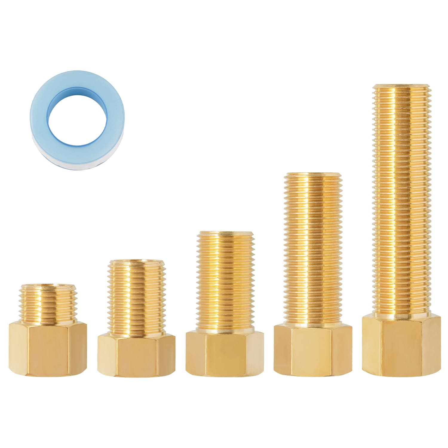 SUNGATOR Brass Pipe Fitting Set, 1/2 Inch Male × 1/2 Inch Female Pipe Hex Nipple Extension Fitting Adapter, 1/2'' Brass Pipe Extension Fitting Connector with Sealing Tape, 30/40/50/70/100MM (5 Pcs)