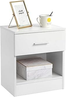 Karl home Bedside Table for Bedroom, Modern White End Table with 1 Drawer & Shelf, Wood Nightstand for Bedroom, End Table for Living Room near Sofa, Side Table, Metal Handle