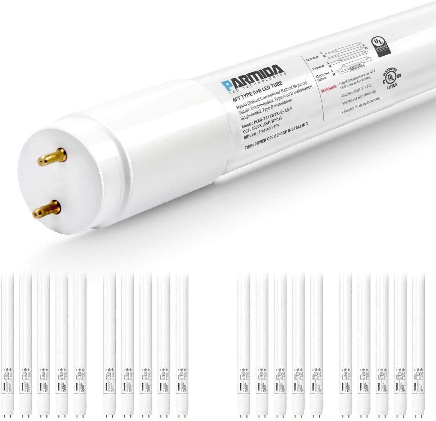 20 Pack T8 LED Light Tubes, 18W (40W Replacement), 5000K (Daylight), 2200Lm, Matte Cover, Dual Ended and Single Ended, Works with/Without Ballast, Shatter Proof, UL and DLC