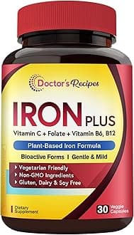 Doctor's Recipes Iron Supplement for Women Men - Gentle Iron Bisglycinate with Vitamin C, B6, Folate & B12, Stomach Friendly Iron Pills, 30 Vegan Caps