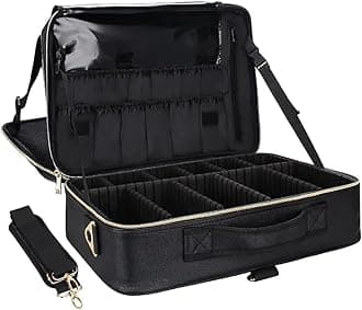 Makeup Case Large Makeup Bag Professional Train Case 16.5 inches Travel Cosmetic Organizer Brush Holder Waterproof Makeup Artist Storage Box, Large Capacity (Leather Black)