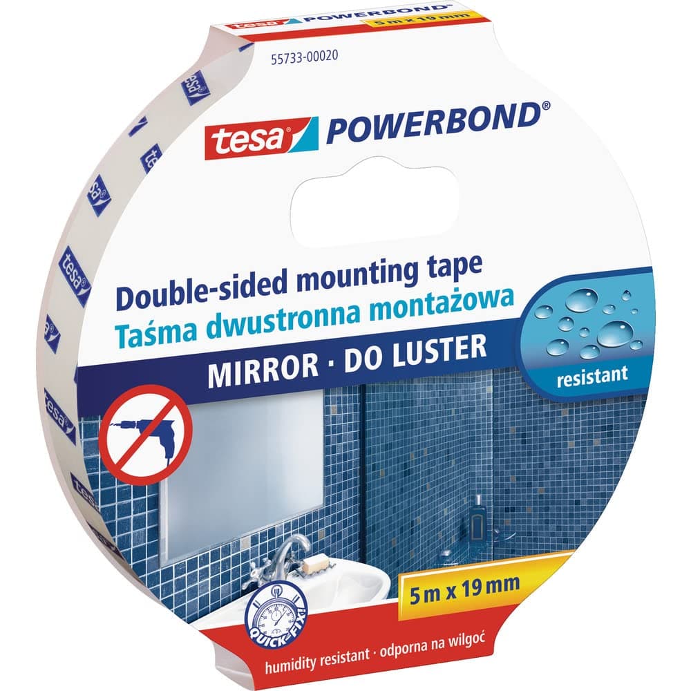 tesa UK tesa Powerbond MIRROR - Double-Sided Mounting Tape for Mirrors - Humidity-Resistant Adhesive Tape for Bathrooms and Showers - 5 m x 19 mm, White, Mirror 5m x 19mm (55733-00017-02)
