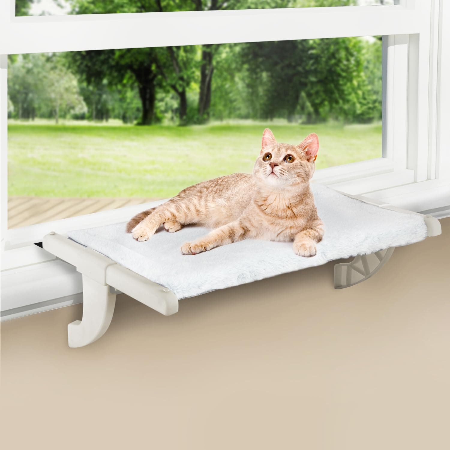 Window Sill Mount Cat Perch for Indoor Cats, One-Step Sliding Clamping Slot Adjustment Cat Hammock with Washable Cover, No Suction Cups Pet Bed for Windowsill & Bedside (Medium)