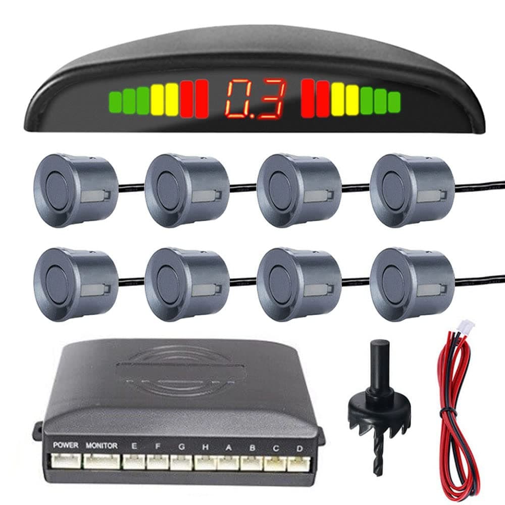 Car Reverse Parking Sensors Car Rear Reverse Parking Radar System Car Parking Sensor Kit 8 Sensor Auto Sound Alarm Alert Reverse Backup Radar Display Grey